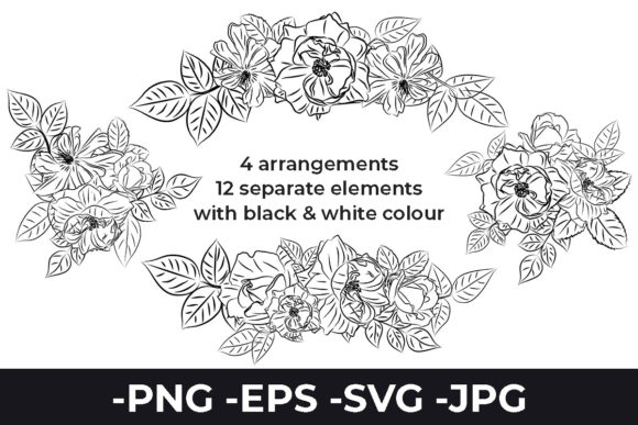 Flowers Rose Line Art Arangements Set for Graphics and Crafts