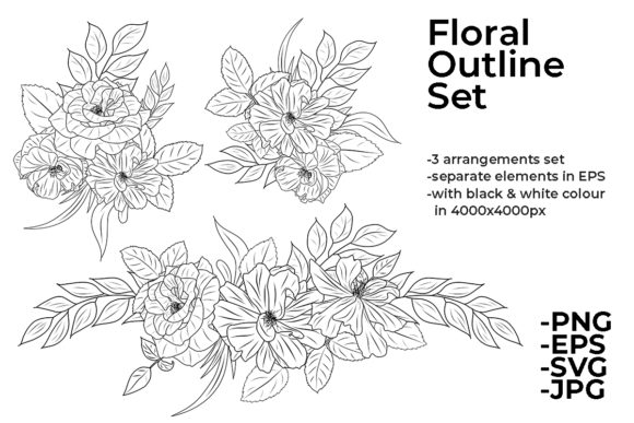 Line Drawing Flowers Arrangements Set Graphics and Crafts