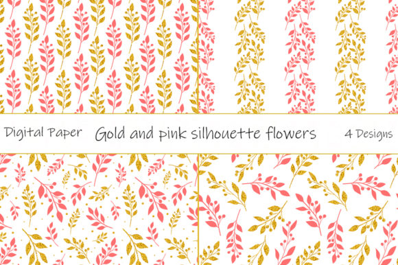 Pattern Gold and Pink Silhouette Flowers Graphics