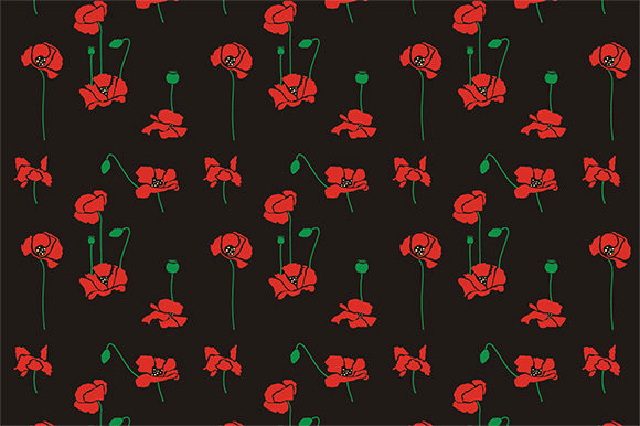 Set Red Poppies Flowers Vector Pattern