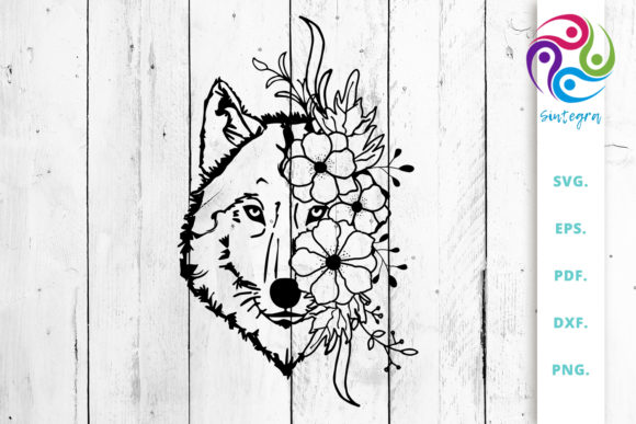 Wolf with Flowers Graphics for Crafts